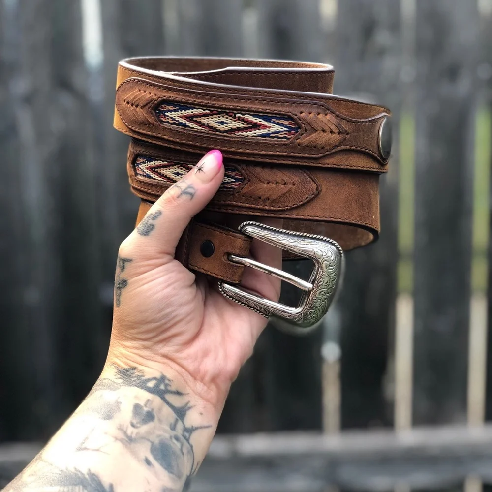 Orvis Brown Leather Belt with Southwestern Inlay and Silver Buckle